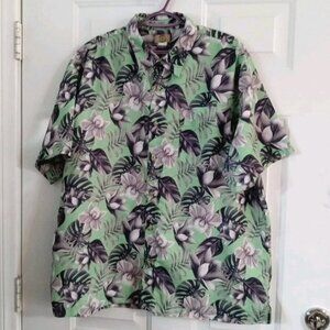 Haband Travelers Hawaiian Shirt Men's XL Green Floral Short Sleeve Polyester